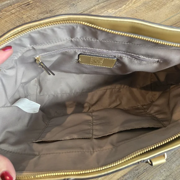 Anne Klein Metallic Cork & Gold Satchel Handbag - Chic Structured Tote - Picture 5 of 7